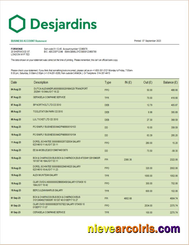 Desjardins Bank corporate checking account statement